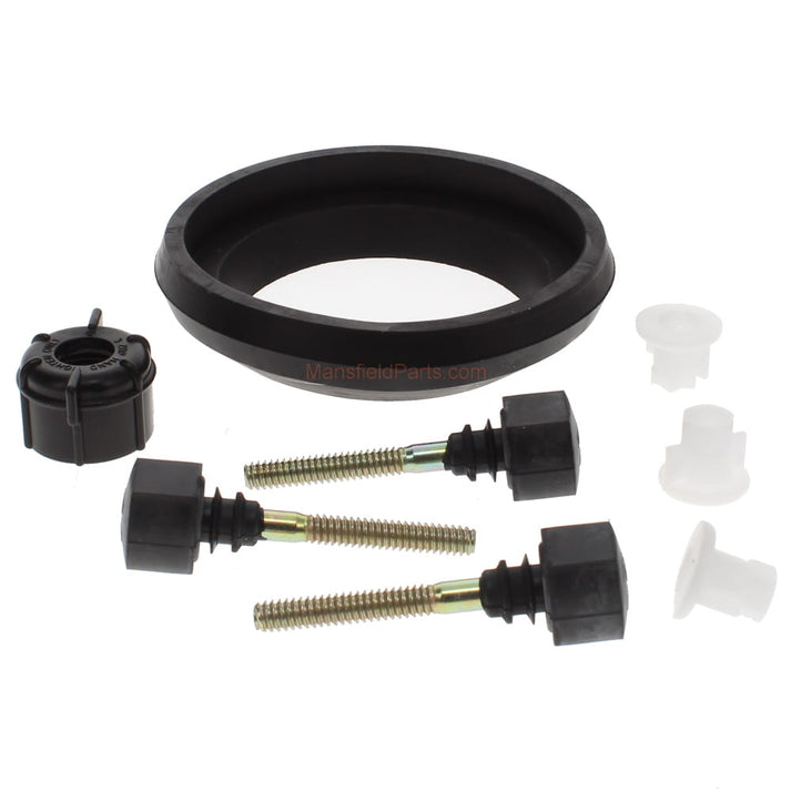 Black rubber seal ring with brass bolts, black caps, white rubber bushings, and threaded nut component.