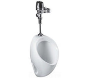White wall-mounted urinal with top-mounted flush valve and chrome fittings.