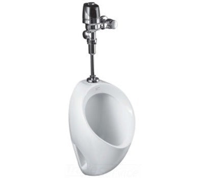 White wall-mounted urinal with top-mounted flush valve and chrome fittings.