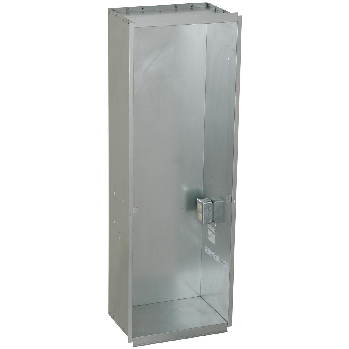 Stainless steel mounting frame with open interior and electrical component mounted on back panel.