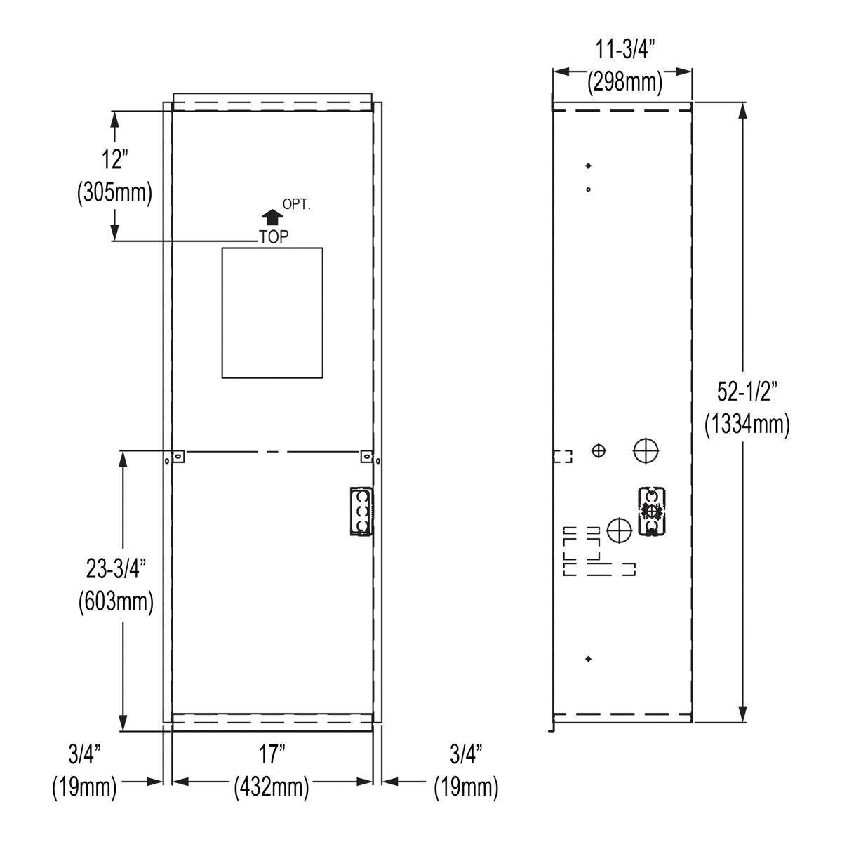Technical drawing showing front and side views of a mounting frame with dimensions including 11-3/4" width, 52-1/2" height, a