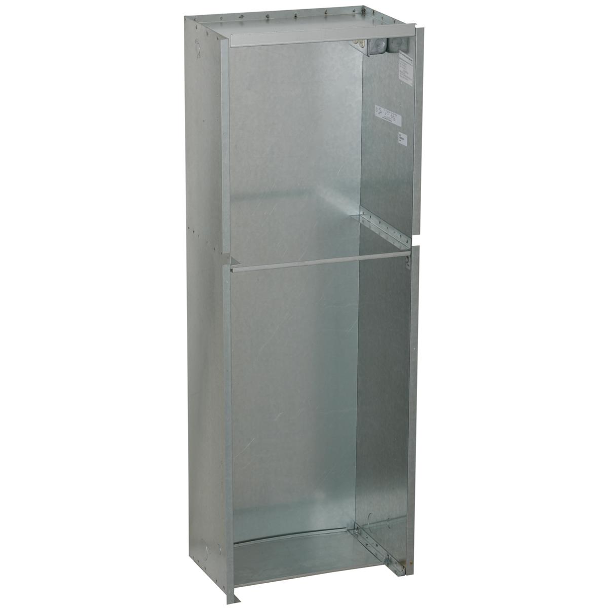 Stainless steel mounting frame with open interior compartments and horizontal divider for recessed cooler installation.