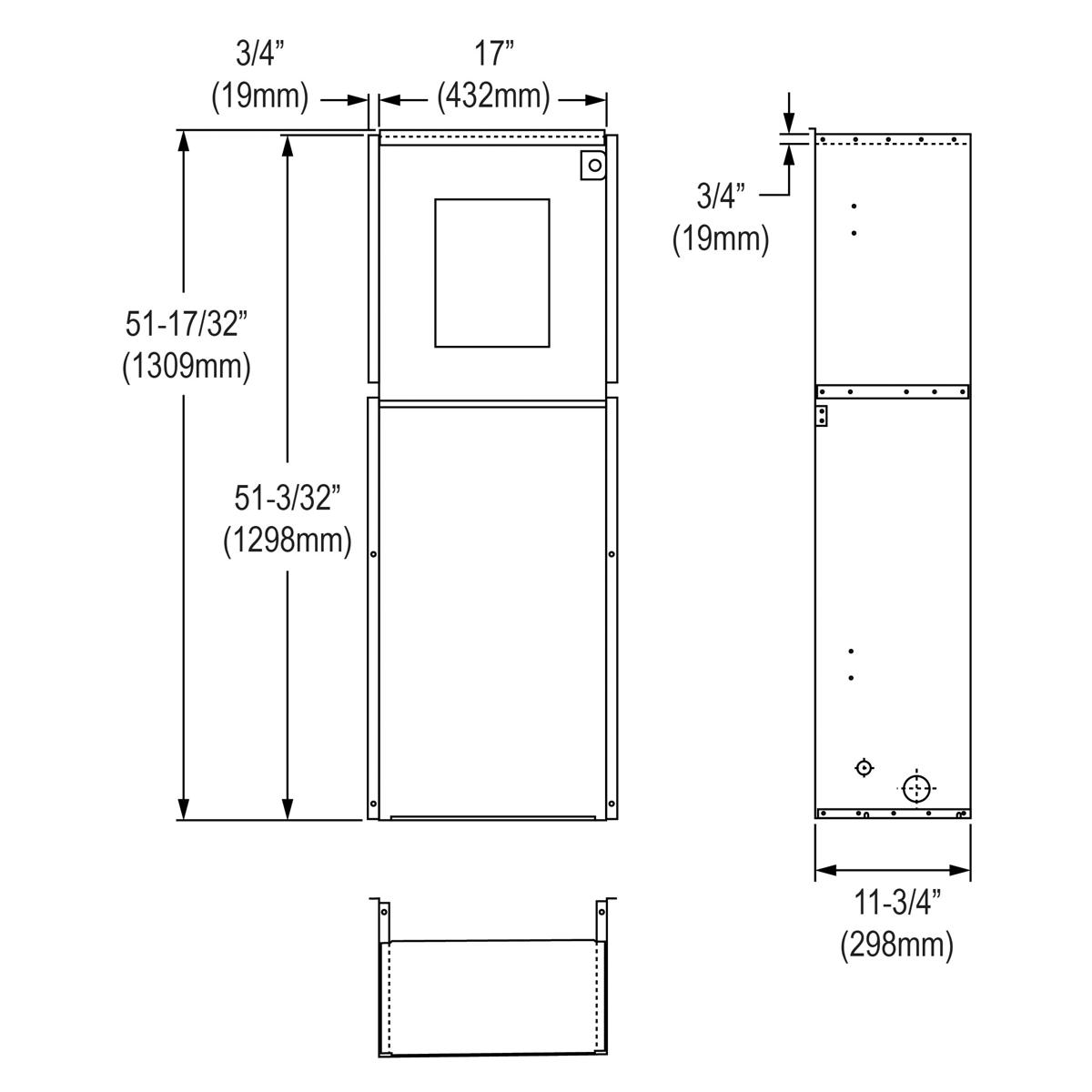 Technical drawing showing front, side, and detail views of a metal mounting frame with dimensions in inches and millimeters.