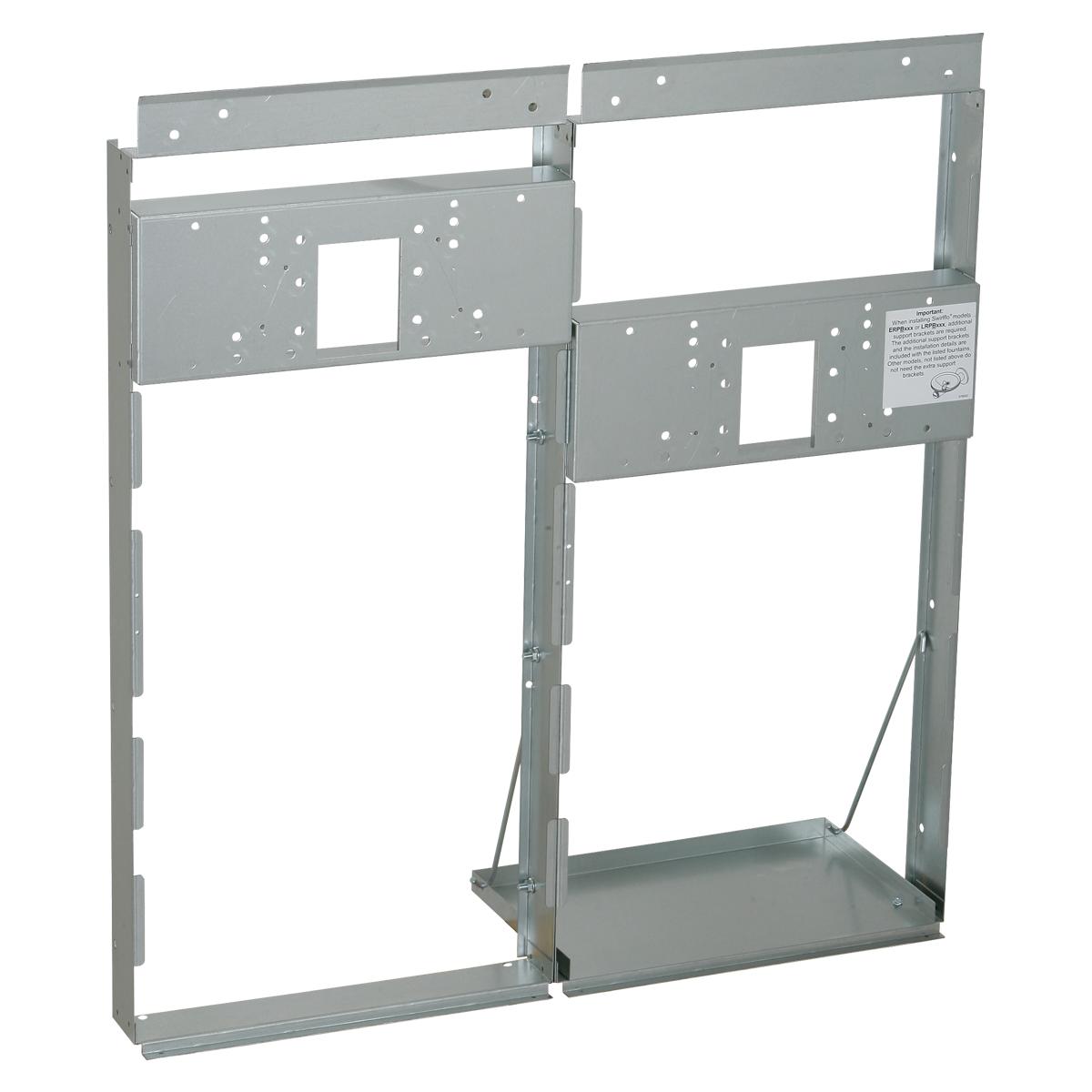 Steel mounting frame with two stacked rectangular openings, mounting holes, and support brackets for bi-level cooler installa