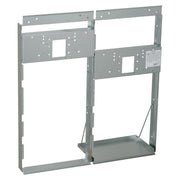 Steel mounting frame with two stacked rectangular openings, mounting holes, and support brackets for bi-level cooler installa