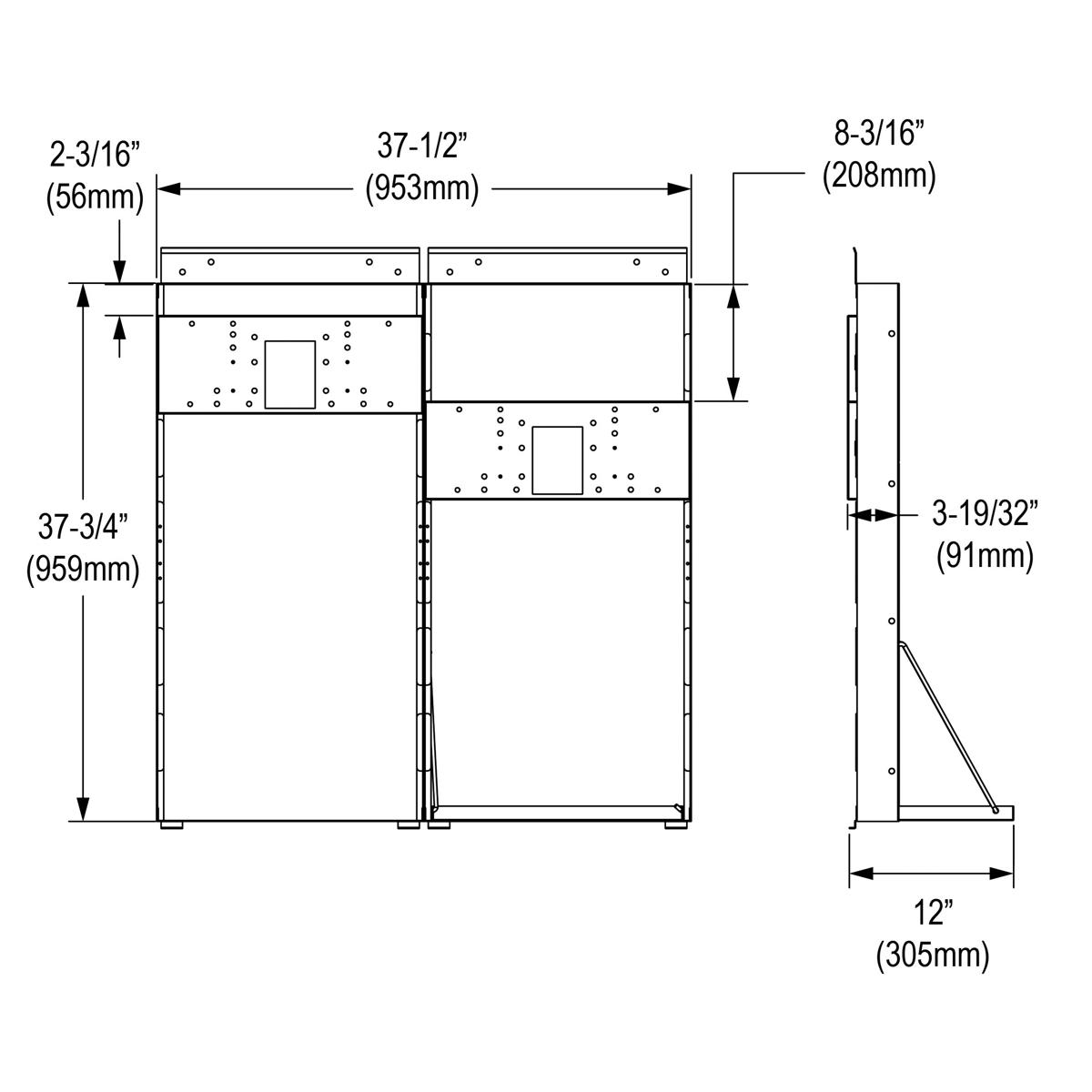Technical drawing of bi-level in-wall refrigerated cooler mounting frame with dimensions and mounting hole placements.