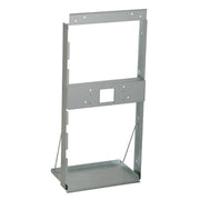 Gray steel mounting frame with rectangular opening, top mounting plate, center cutout, and bottom support shelf for in-wall c