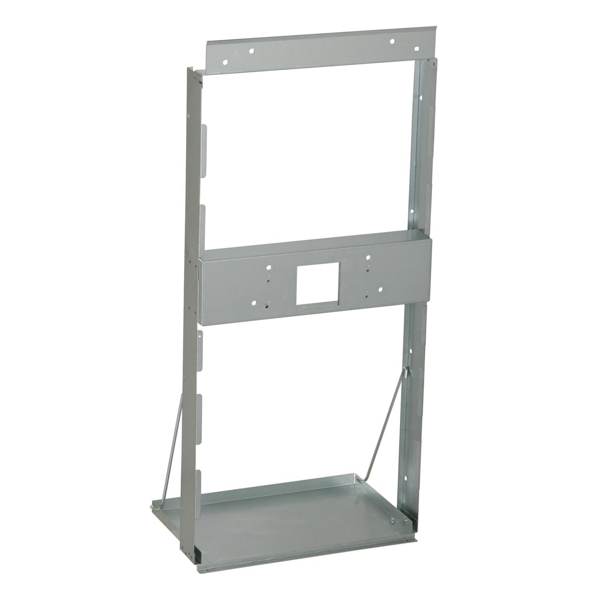 Gray steel mounting frame with rectangular opening, top mounting plate, center cutout, and bottom support shelf for in-wall c
