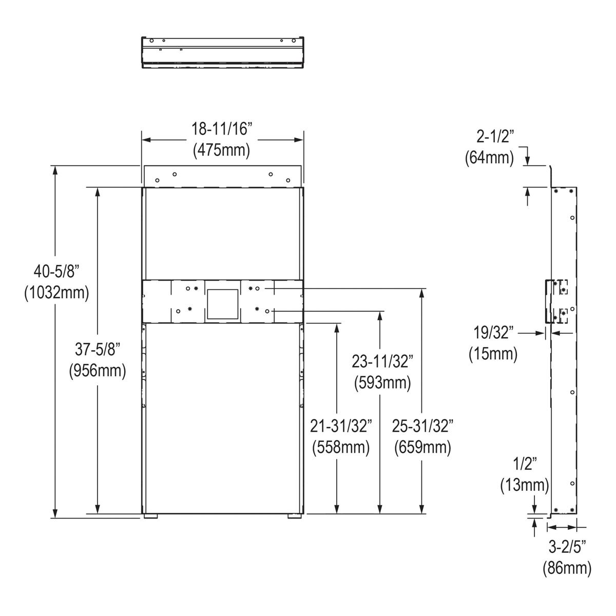 Technical drawing of a rectangular mounting frame with labeled dimensions, showing front and side views with measurement anno