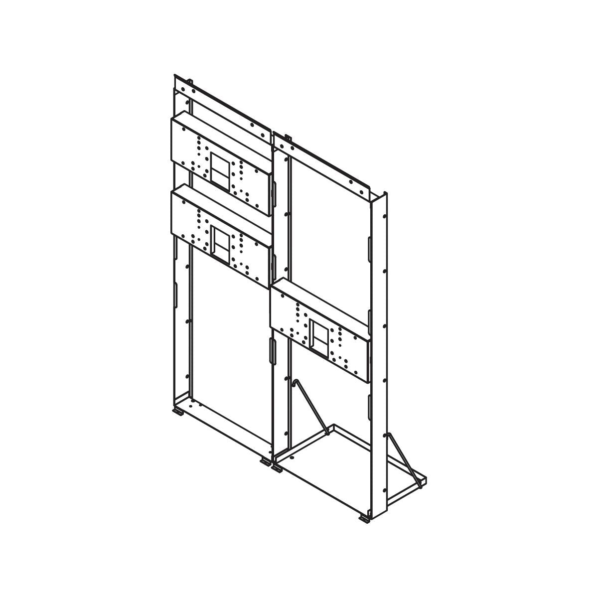 Metal mounting frame with two horizontal shelves and vertical supports for bi-level in-wall installation.