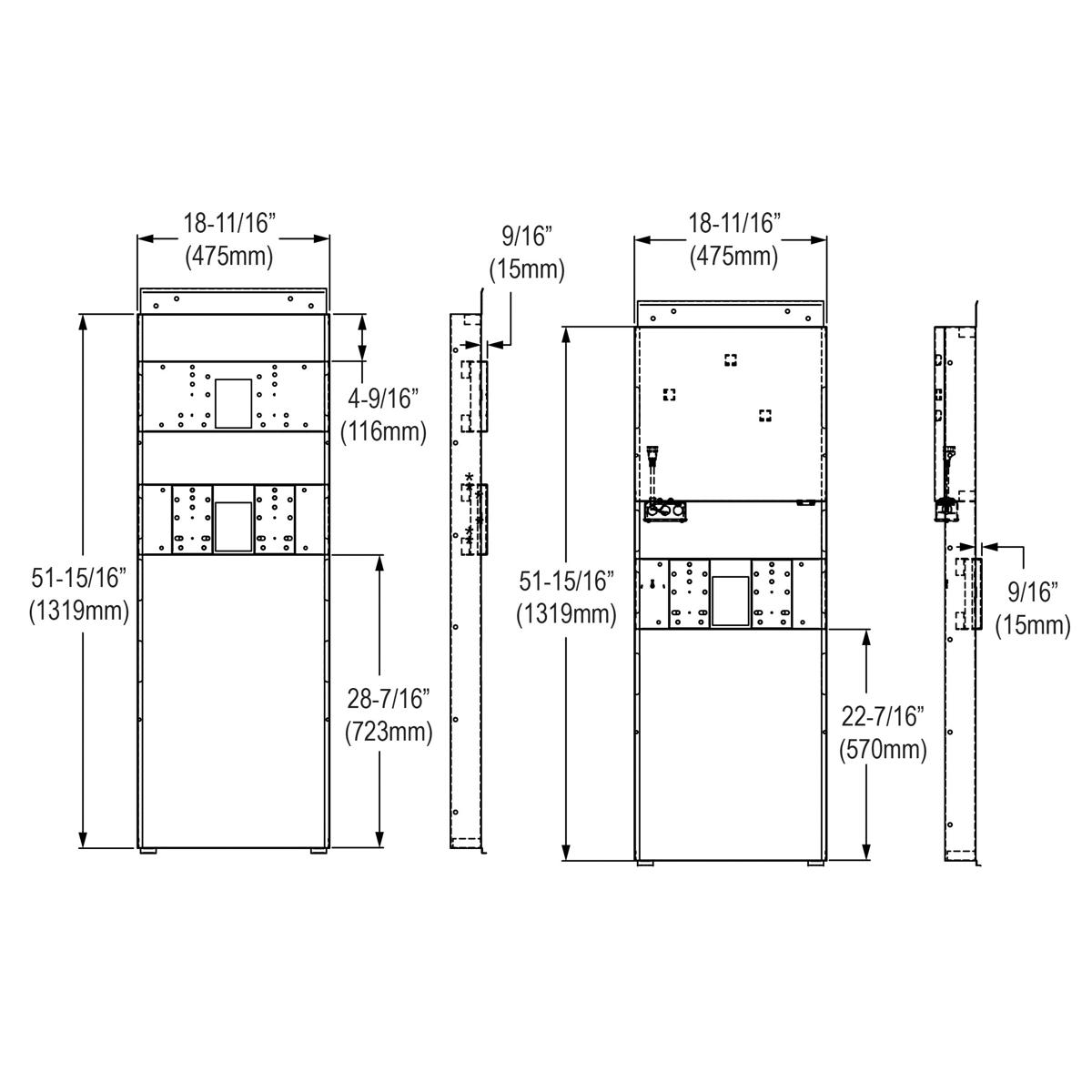 Technical schematic showing front and side views of a bi-level mounting frame with dimensions and internal component layout.