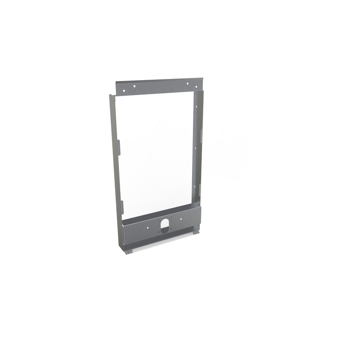 Stainless steel mounting frame with vertical sides, horizontal top bar, and bottom base plate with mounting holes.