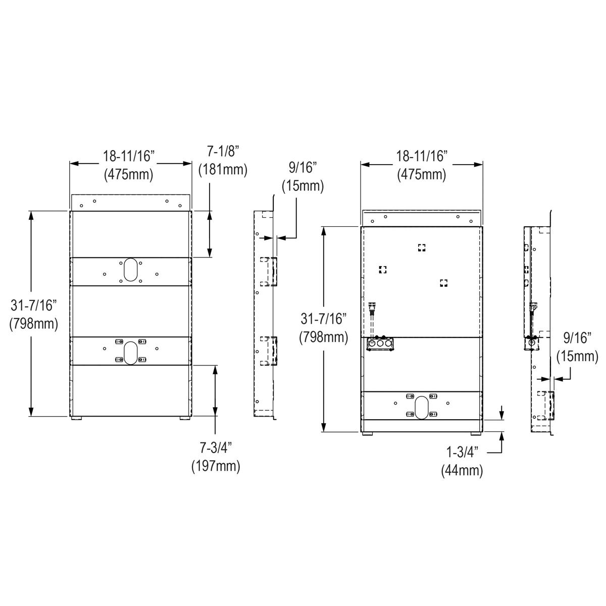 Mounting frame schematic showing front, side, and depth views with dimensions for bi-level in-wall bottle filling station ins