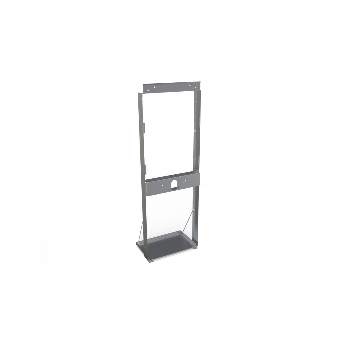 Metal mounting frame with two rectangular openings and a base platform for bi-level bottle filling station installation.