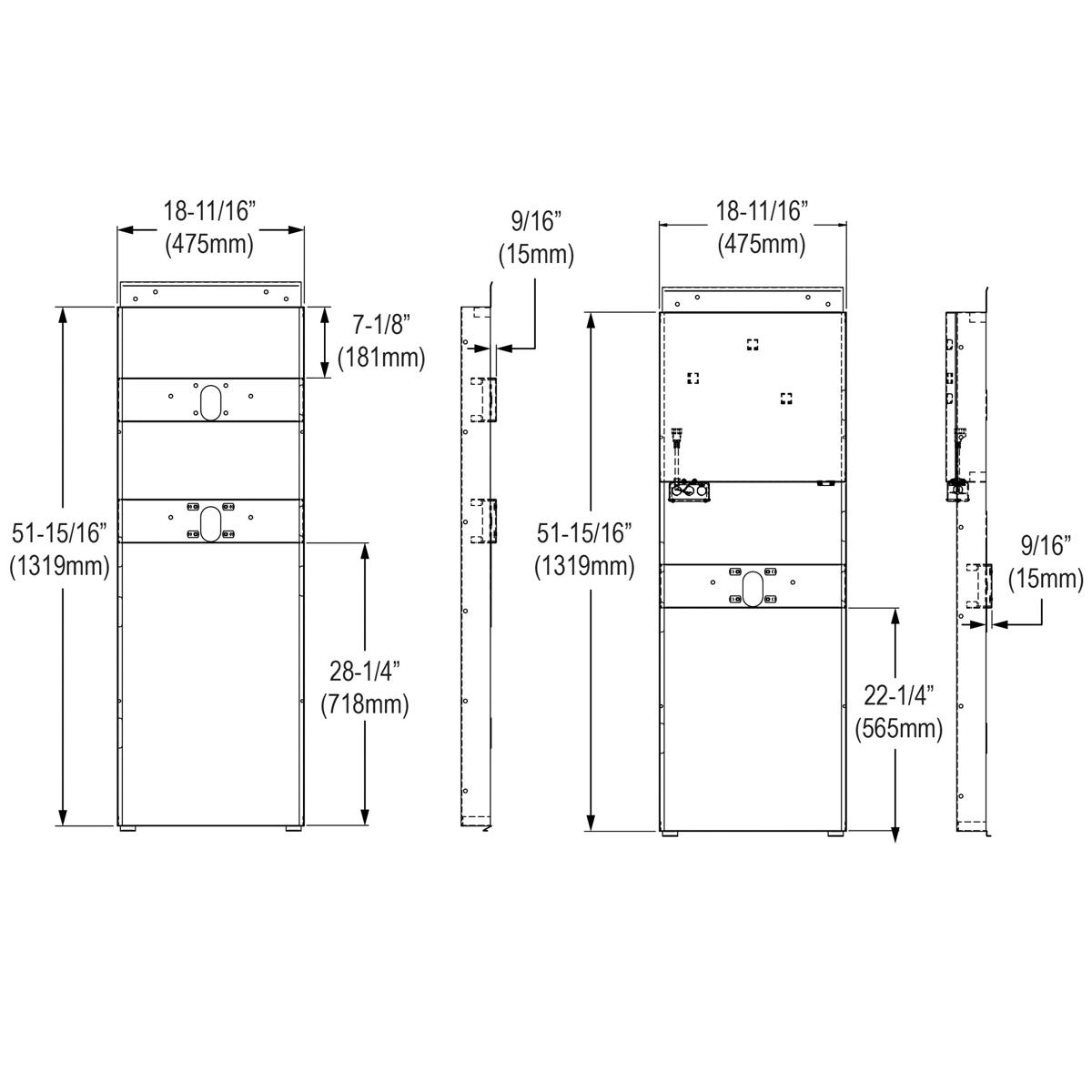 Technical dimension drawing showing front, side, and detail views of a bi-level in-wall mounting frame with measurements in i