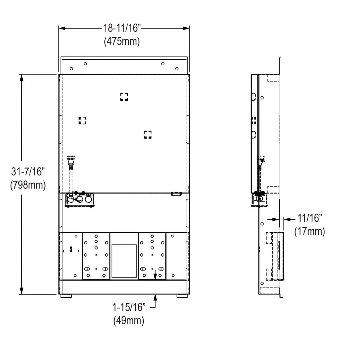 Metal mounting frame with dimensions 18-11/16" wide by 31-7/16" tall, featuring mounting holes and internal compartment for b
