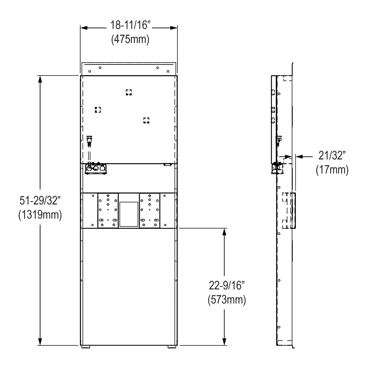 Elkay mounting frame technical drawing showing front and side views with dimensions for in-wall bottle filling station instal
