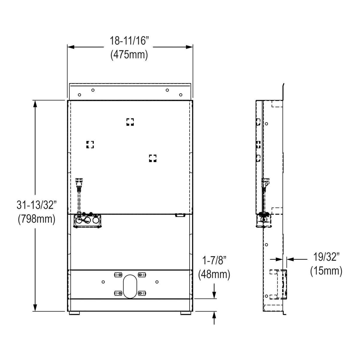Technical schematic showing front and side views of in-wall mounting frame with dimensions 18-11/16" wide by 31-13/32" tall.