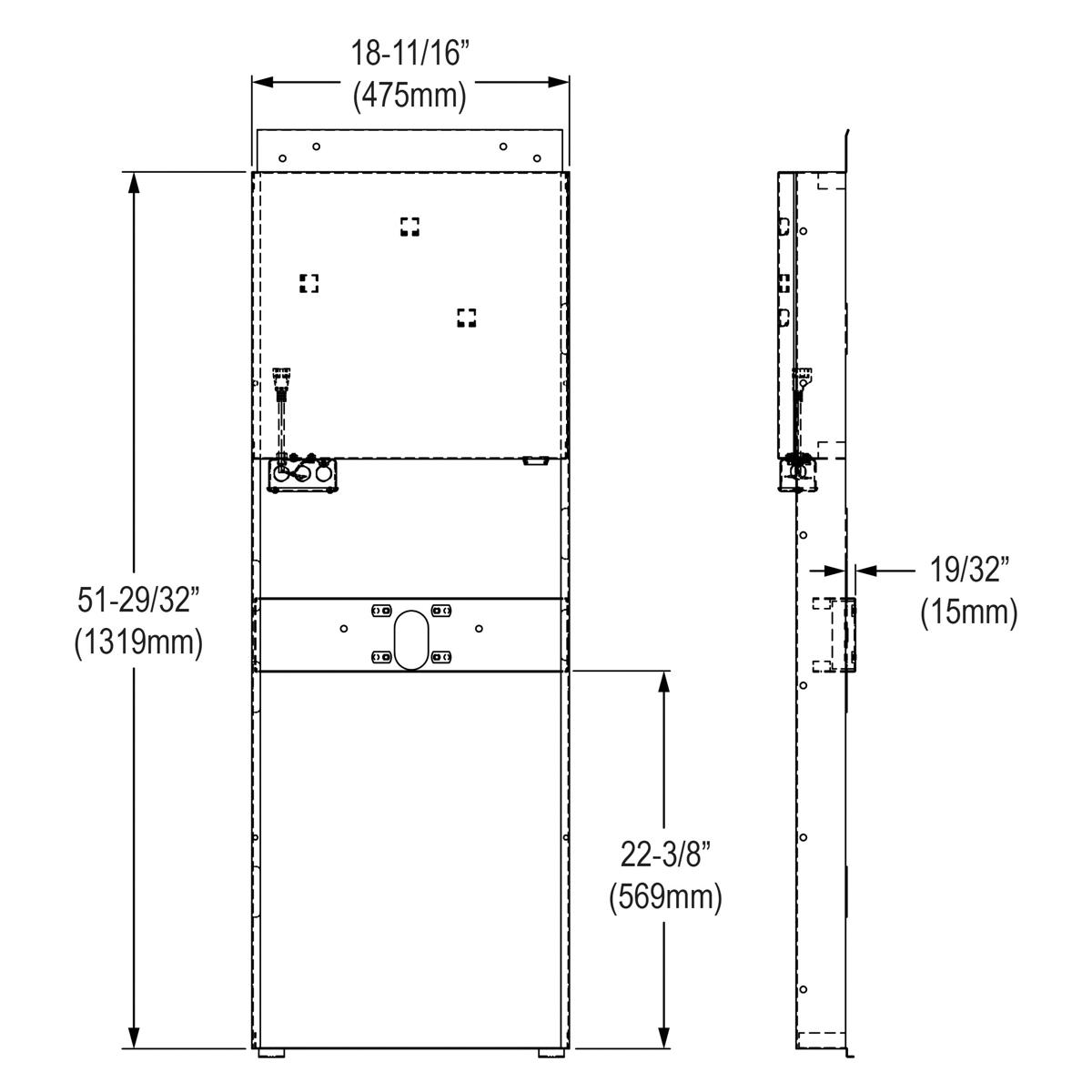 Technical schematic showing front and side views of an in-wall mounting frame with dimensions, mounting holes, and internal c