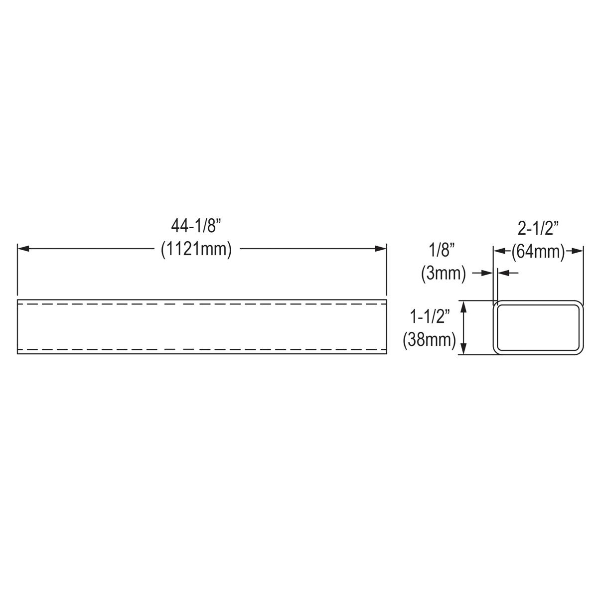 Technical diagram showing rectangular support leg with dimensions: 44-1/8" length, 1-1/2" height, and 2-1/2" width.
