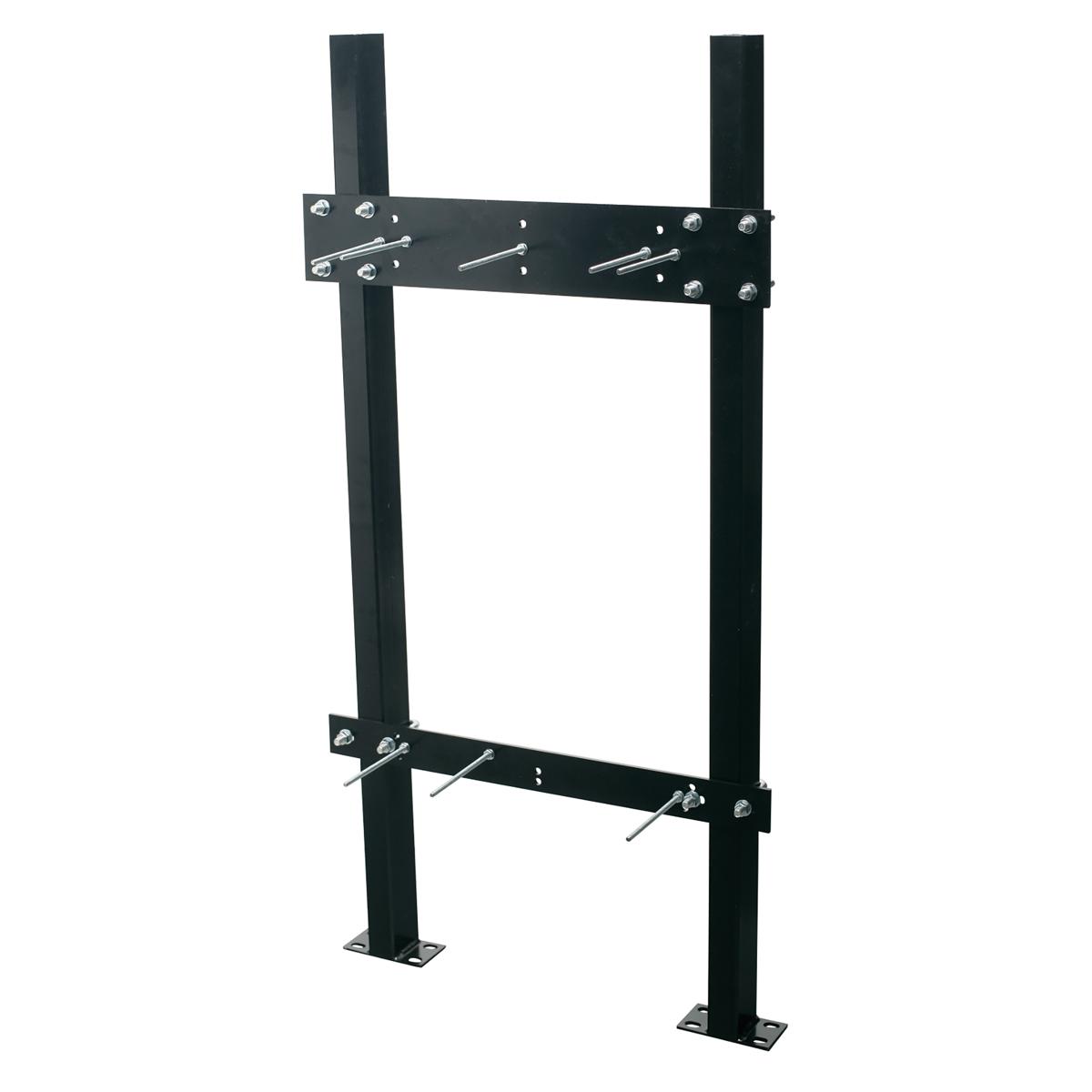 Black metal in-wall carrier frame with two vertical posts, horizontal mounting brackets, and adjustment hardware for bottle f