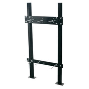 Black metal in-wall carrier frame with two vertical posts, horizontal mounting brackets, and adjustment hardware for bottle f