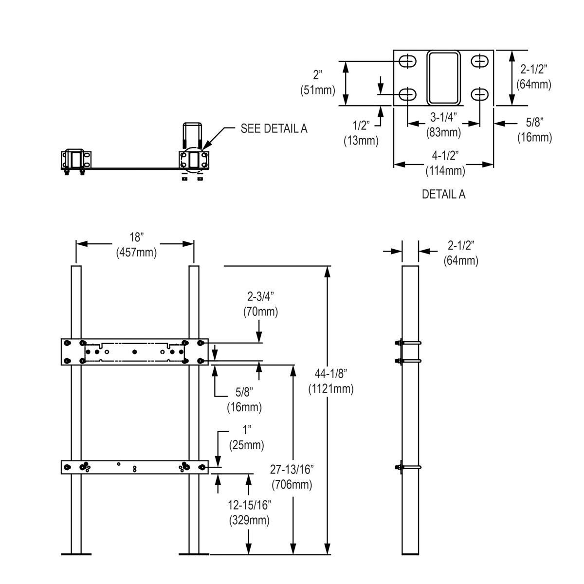 Technical schematic showing dimensions and mounting details for an in-wall carrier frame with vertical supports and horizonta