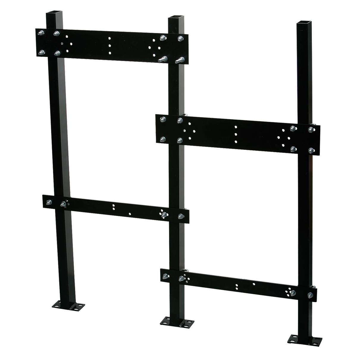 Black metal in-wall carrier frame with two vertical posts and four horizontal mounting bars with bolt holes.