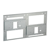 Stainless steel mounting plate with two rectangular openings and multiple screw holes for wall installation.