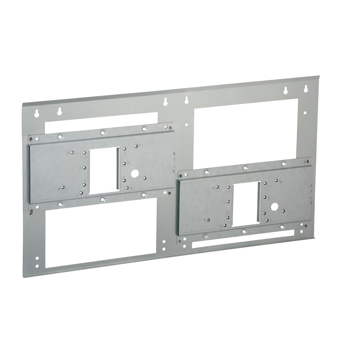 Stainless steel mounting plate with two rectangular openings and multiple screw holes for wall installation.