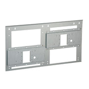 Stainless steel mounting plate with multiple rectangular openings and mounting holes for wall installation.