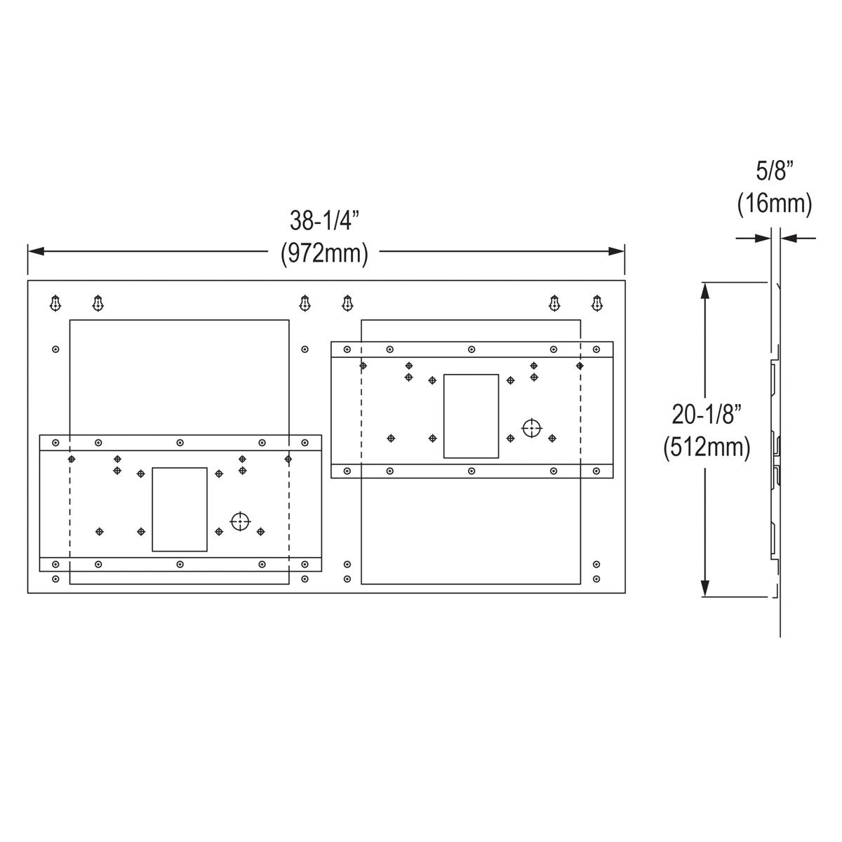Technical drawing showing mounting plate dimensions and hole placement for bi-level wall-mounted fountain installation.