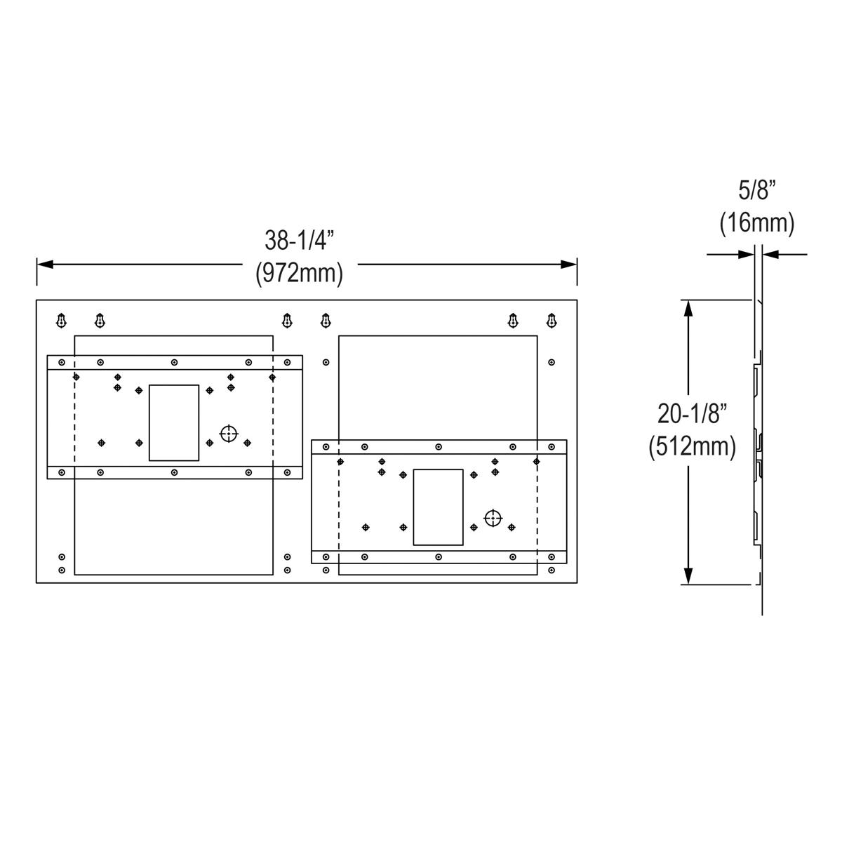 Technical drawing of bi-level mounting plate with dimensions 38-1/4" wide by 20-1/8" tall and 5/8" depth, showing hole placem