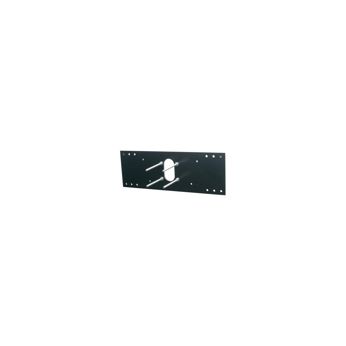Black metal mounting plate with mounting holes and white cylindrical hardware for water fountain installation.
