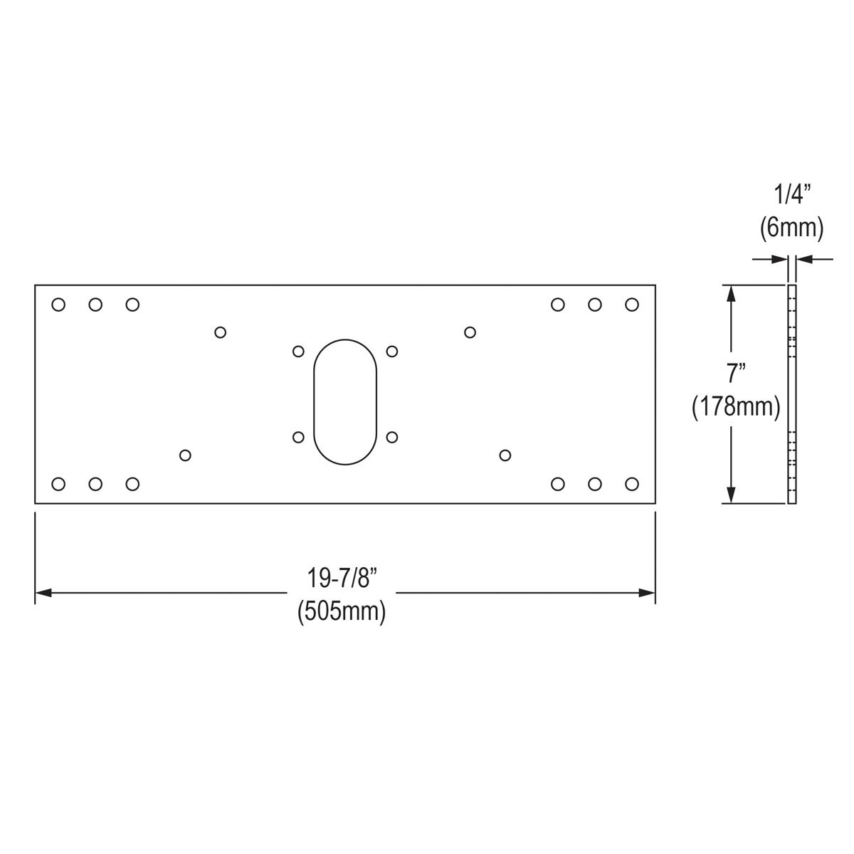 Metal mounting plate with multiple mounting holes and central oval cutout, 19-7/8" wide by 7" tall.