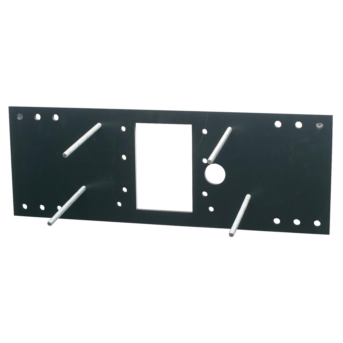 Black metal mounting plate with central rectangular cutout, multiple mounting holes, and four silver cylindrical support brac