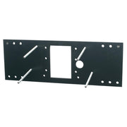 Black metal mounting plate with central rectangular cutout, multiple mounting holes, and four silver cylindrical support brac