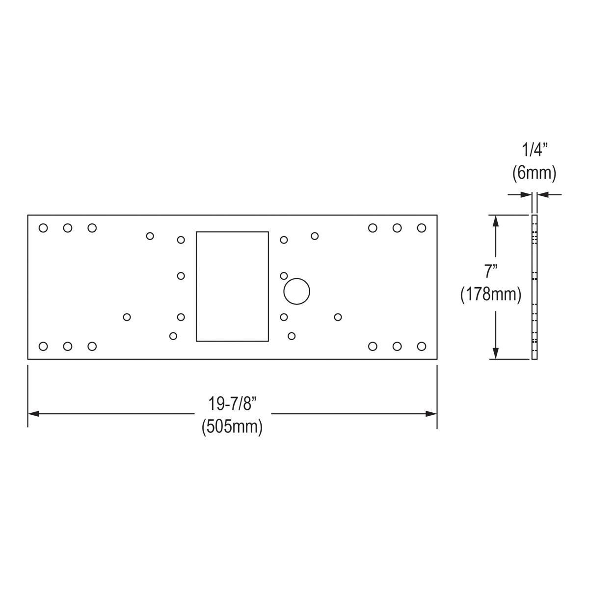 Metal mounting plate with multiple mounting holes and central rectangular opening with circular valve outlet, dimensions show