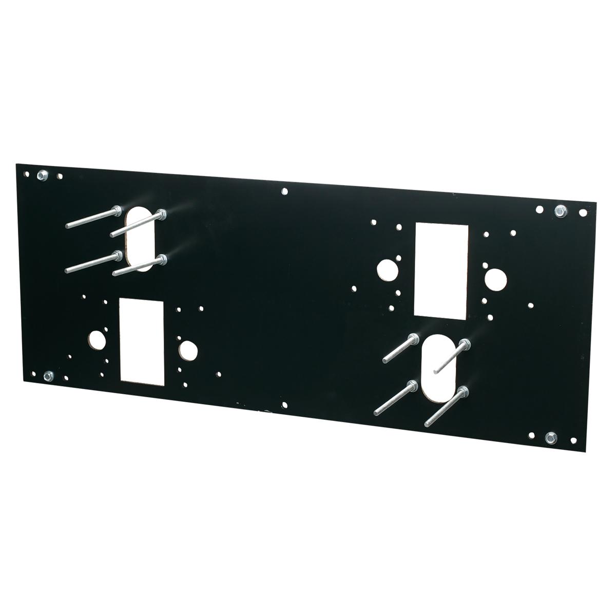 Black metal mounting plate with dual mounting brackets, rectangular cutouts, and multiple fastener holes for wall installatio