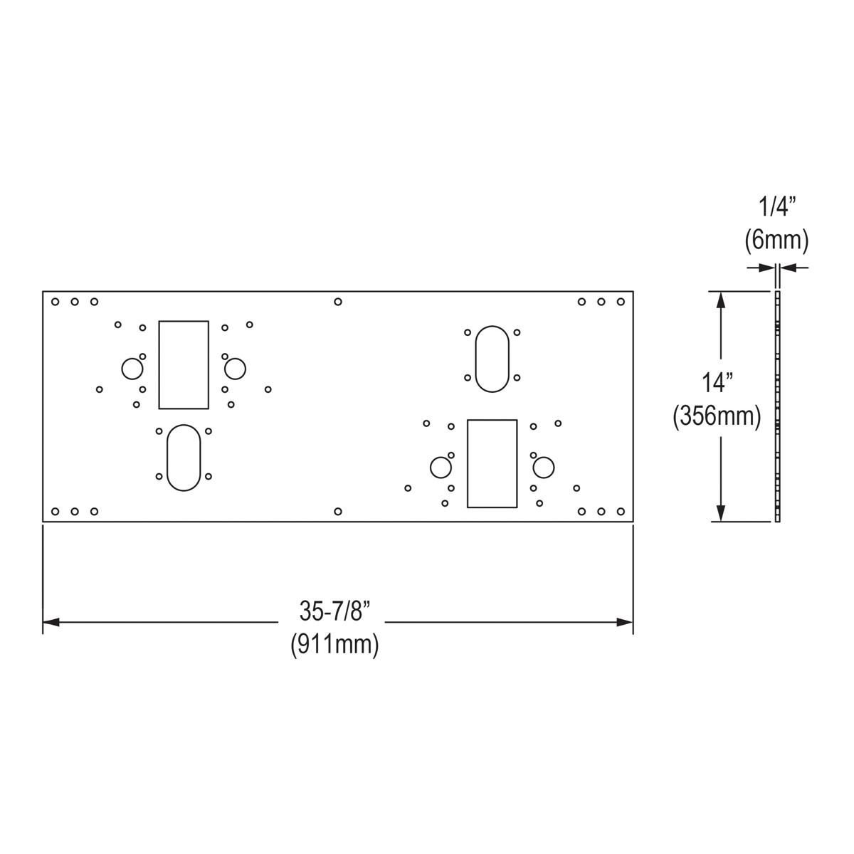 Technical schematic of in-wall mounting plate with two rectangular outlet openings, circular mounting holes, and dimensions o