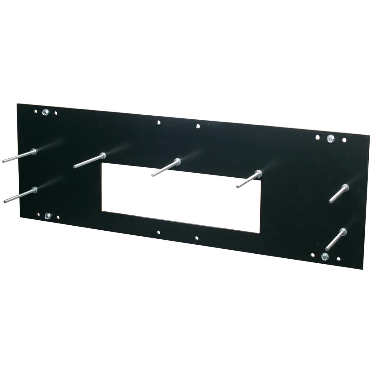 Black metal in-wall mounting plate with rectangular cutout, mounting holes, and metal brackets for fountain installation.