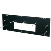 Black metal in-wall mounting plate with rectangular cutout, mounting holes, and metal brackets for fountain installation.