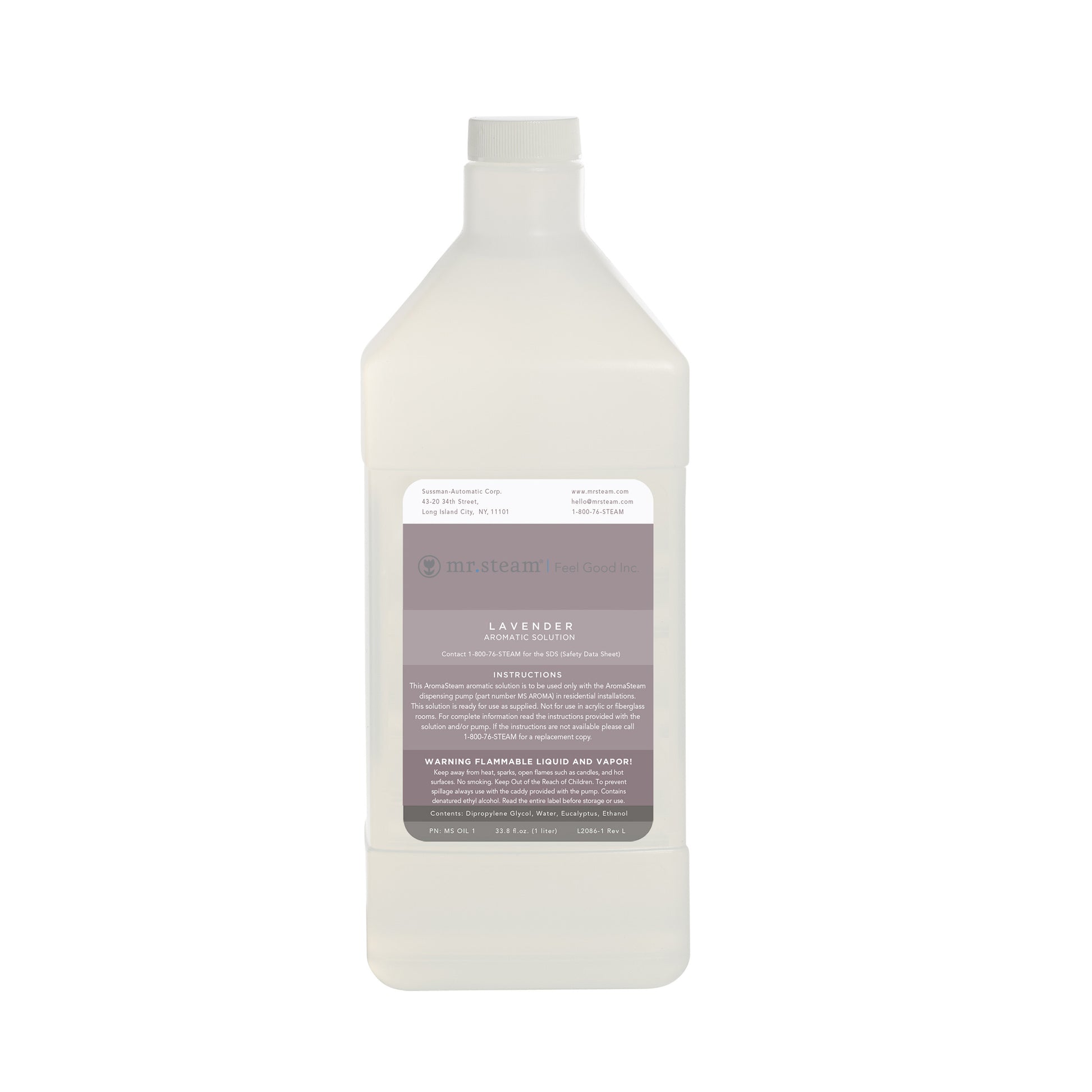 Clear plastic bottle with white cap containing lavender-scented aromatic liquid and gray label with instructions.