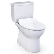 White elongated one-piece toilet with integrated tank, slim seat, and chrome handle lever.