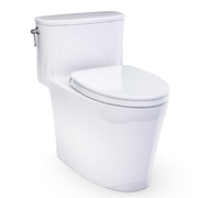 White one-piece elongated toilet with closed seat and tank, featuring skirted base design.