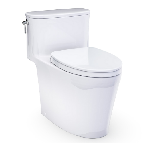 White one-piece elongated toilet with closed tank, skirted base, and white slim seat lid.
