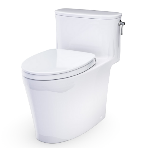 White one-piece elongated toilet with closed seat, tank, and right-hand lever on white background.