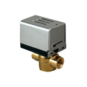 Stainless steel AutoFlush valve with brass connections and black base for steam generators.