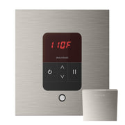 Brushed nickel steam shower control with digital display showing 110F temperature, power button, temperature adjustment arrow