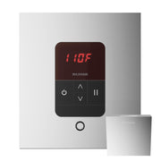 Polished chrome steam shower control with digital display showing 110°F, power button, and temperature adjustment controls.
